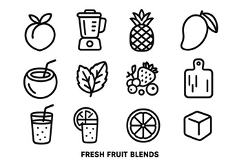 Obraz premium Tropical Fruit Icons. Fresh Fruit Blends in outline black lines style. tropical fruit, blender cup, pineapple, mango, coconut water, mint leaf, berries mix, cutting board, smoothie