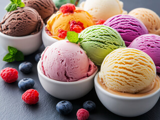Luxury assorted ice cream scoops served with fresh berries. Premium dessert presentation designed for fine dining restaurants, gourmet menu, food advertising and high-end culinary branding.