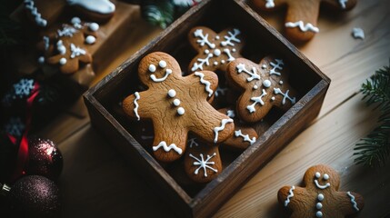 Top view of Christmas gingerbread cookies in wooden box for holiday recipe blogs, seasonal marketing, and festive food promotions