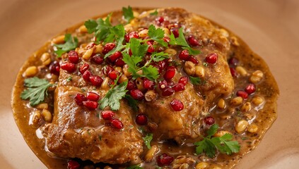 Culinary Abstraction. A Play of Textures, Colors, and Garnishes on an Earthen Plate.