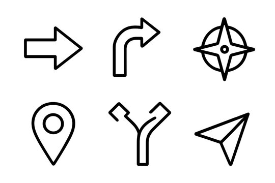 Navigation Icon Set. Direction in outline black lines style. guiding arrow, turning path, compass point, waypoint marker, split route line, forward beam.
