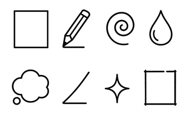 Creative Icons Collection. Creative Start in outline black lines style. empty canvas, pencil tip, inspiration swirl, color drop, concept bubble, sketch line, creation spark, draft