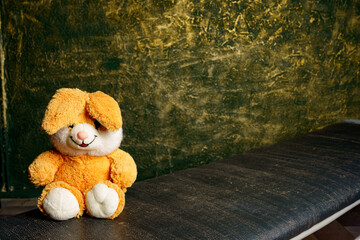 Soft orange bunny toy placed on a black bench in a room with green and gold wall