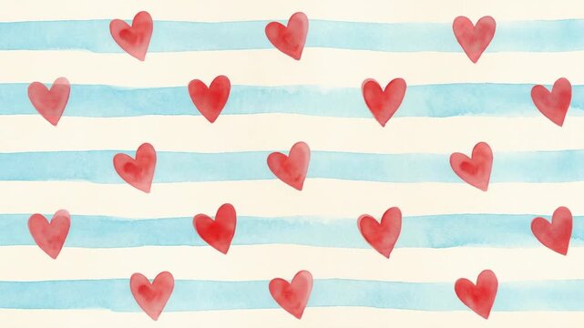 A delightful and romantic pattern of watercolor hearts floats on a backdrop of stripes, offering a sense of love and tenderness.