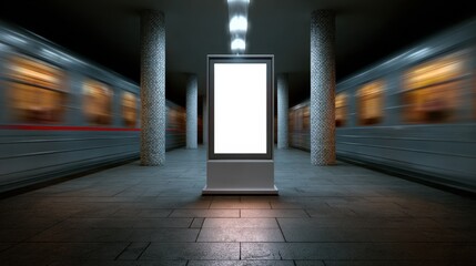 Glowing blank signboard on tiled subway platform with moving trains