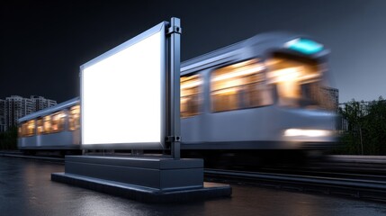 Night scene with glowing billboard and motion blur train for urban advertising design