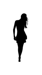 Elegant Woman in a Short Dress Walking Away with a Graceful Stride on Isolated White Background