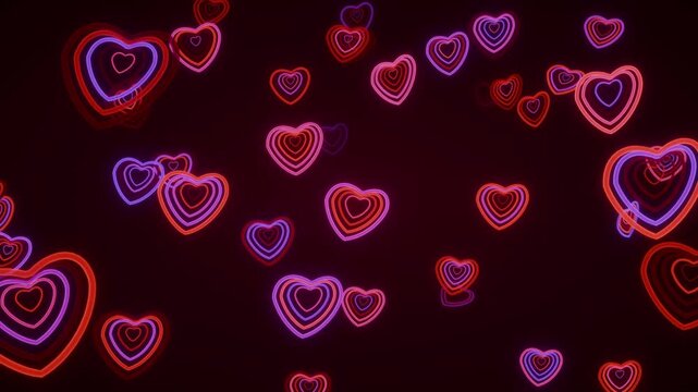 Cute animation of sweet candy colored hearts moving around on black background, looping animation for valentine's day or wedding. 