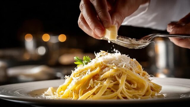 Chefs hands grating aged parmesan cheese onto creamy pasta, dramatic side lighting highlighting texture, shallow depth of field, authentic Italian cuisine preparation, cozy restaurant atmosphere