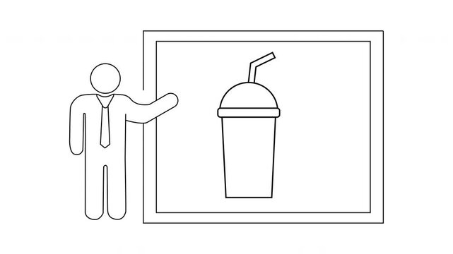 Line drawing shows person gesturing towards a poster of a cup with a straw