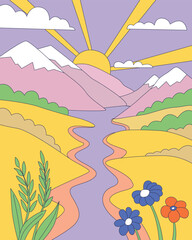 Colorful flat vector landscape with mountains, winding river, sunrise, clouds, and flowers. Bright pastel illustration of a peaceful countryside nature scene in modern cartoon style.