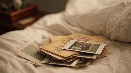 Vintage photographs and papers resting on a bed.