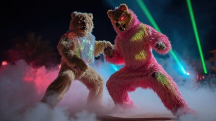 Energetic dance showdown: two bears in sparkling costumes and exciting atmosphere