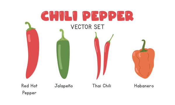 Chili Pepper Flat Cartoon Vector Set Isolated on White Background. Red Hot Pepper, Jalapeno, Thai Chili, and Habanero Pepper