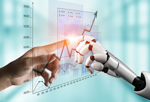 A human hand and a robotic hand are captured in an engaging interaction, with financial graphs and charts in the background, illustrating the promise of technology in business growth. Scalp - Powered by Adobe