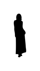 Casual woman standing with hands in pockets, wearing a long coat or dress, on an isolated white background.