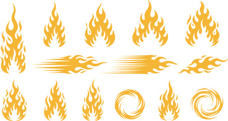 Yellow-orange pixel flame icon set, upright and swirling fire shapes, vector illustration for heat, energy, tattoo, and graphic design © Hadiul