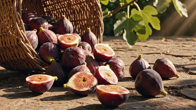 Juicy ripe figs spilling from a rustic wicker basket onto a sun-drenched stone patio showcasing natural abundance