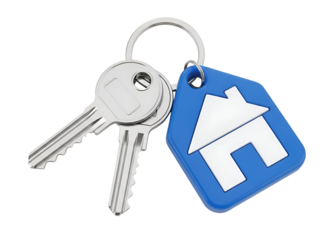 Shiny House Keys on Ring with Blue Home Keychain for Property Access on white background