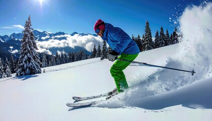 Dynamic Skier Carving Down Pristine Snowy Mountain Slope