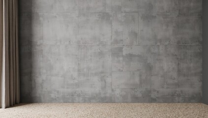 Fototapeta premium Interior Composition with Textured Wall, Neutral Curtain, and Plush Carpet Backdrop.
