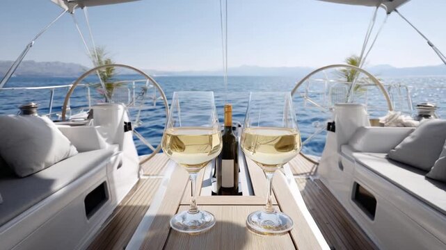 Luxury sailing yacht cockpit with two glasses of white wine on table, open sea ahead, relaxed vacation mood, balance and freedom theme, clean framing, cinematic wide shot