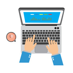 Character typing on laptop with sales report on screen. Mapping budget and making sales. Economy growth concept. Flat isometric vector illustration