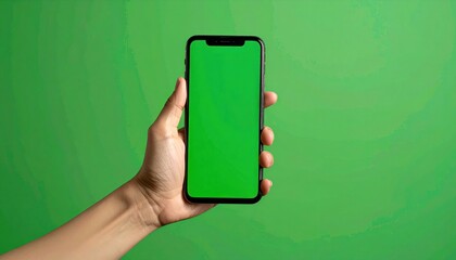 Hand Holding Smartphone with Green Screen Display Against Green Background