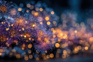 An abstract bokeh background, featuring vibrant city lights and circular and star-shaped fireworks, uses deep blue, royal purple, and shimmering gold to create a festive yet sophisticated atmosphere.
