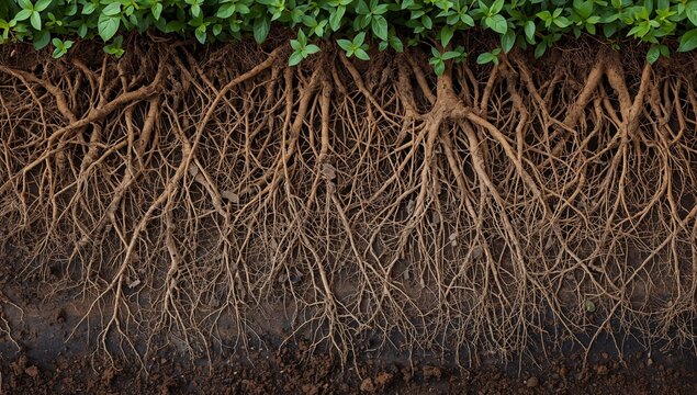 Intertwined Roots, Earthy Depths. A Subterranean View of Root Systems and Green Foliage.