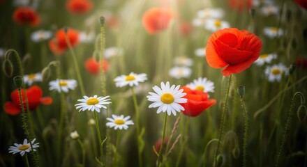 Obraz premium Field of red poppies and white daisies under sunlight. Focus on a single poppy