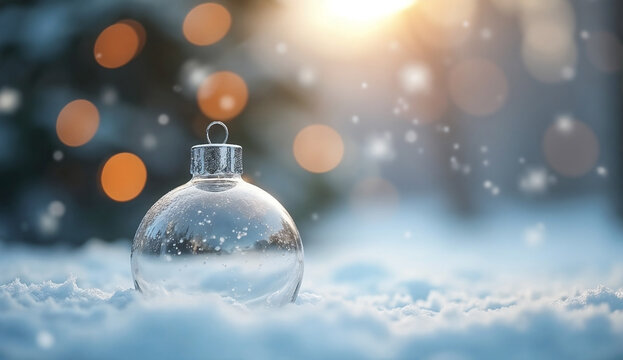 Empty glass ornament in snow with bokeh background