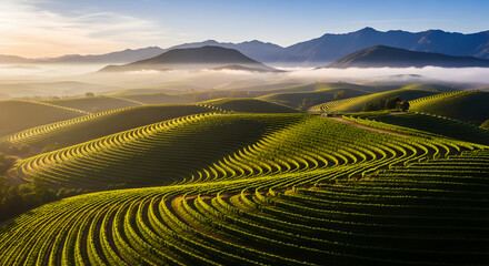 Rolling Hills of Vineyards Bathed in Golden Sunrise Light with Misty Valleys landscape nature