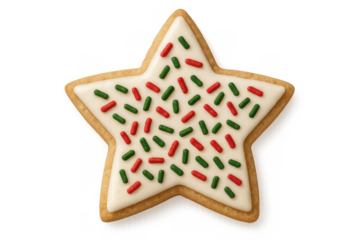 Christmas star cookie with white frosting and red green sprinkles, holiday sweet treat baking on transparent background