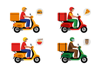 Food delivery service courier riding scooter illustration set