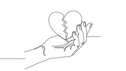 A delicate hand cradling a shattered heart in a minimalist single line art illustration