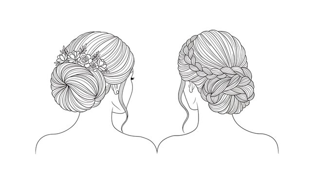 Elegant updo hairstyles: a beautiful floral bun and an intricate braided coiffure