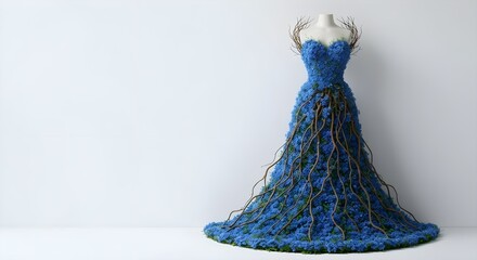 Wedding dress made with a tree roots and blue flowers. 3D rendering.