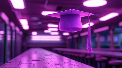 Mortarboard floating in a tech space, possibly a server room, bathed in purple light