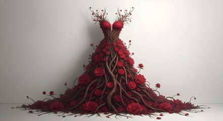 Wedding dress made with a tree roots and red flowers. 3D rendering.