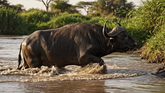 Cape Buffalo Crossing River with splashing water