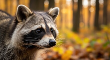 Obraz premium Raccoon with a blurry autumn background, looking curiously to the right side