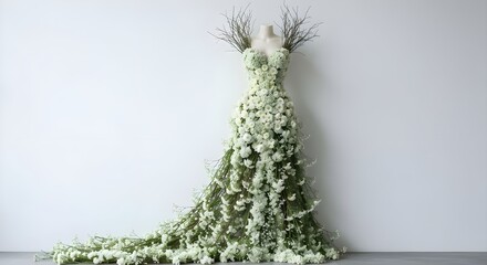 Wedding dress made with a tree roots and white flowers. 3D rendering.