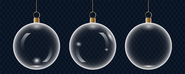 Glass bauble set. 3D transparent Christmas balls hanging for Christmas and New Year celebrations. vector illustrations.eps10