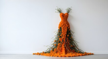 Wedding dress made with a tree roots and orange flowers. 3D rendering.