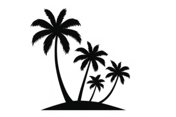 Tropical island beach scene with palm trees silhouette vector icon, representing summer vacation and exotic travel lifestyle on transparent background