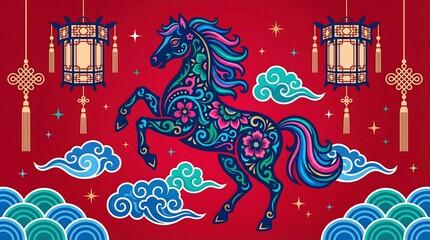 Chinese New Year 2026 horse sign banner illustration.