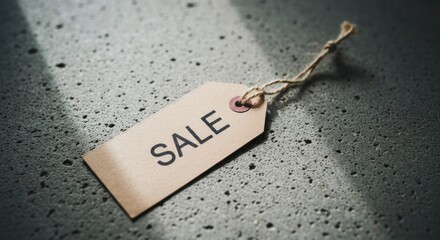 Sale tag on textured surface, angled lighting creating shadows