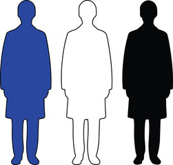 Three human silhouettes in blue black and white colors standing upright © MD