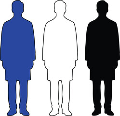Three human silhouettes in blue black and white colors standing upright © MD